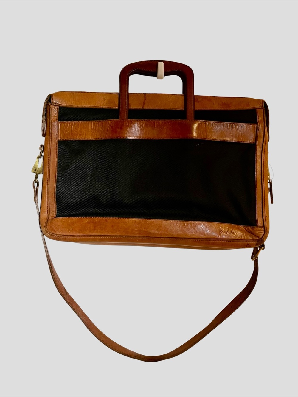 Vintage Bravado Leather Canvas Messenger Crossbody Satchel Bag Brass 17x12 - Picture 4 of 11